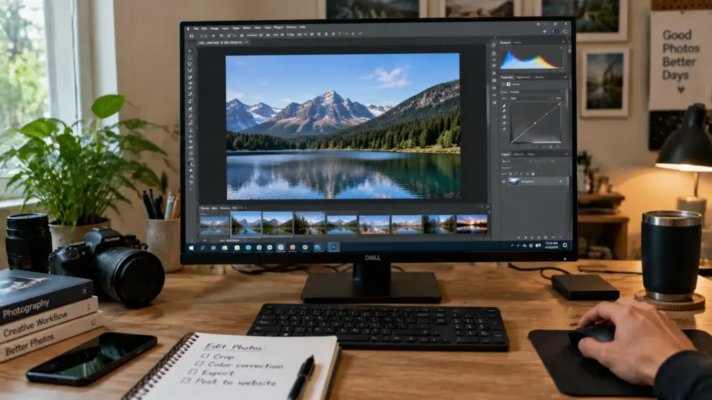 computer screen showing photo editing software with image adjustments and creative design tools