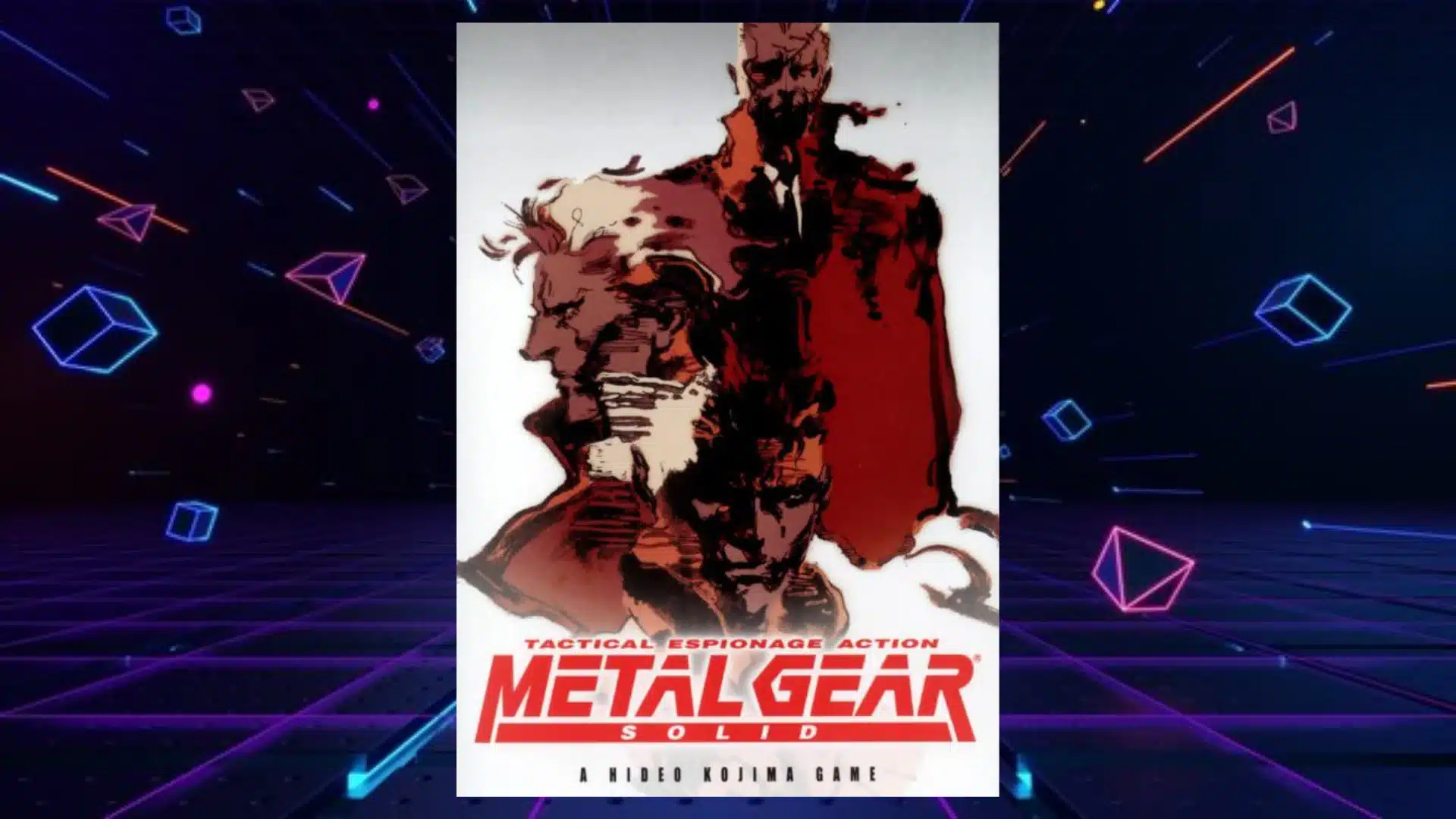 metal gear solid box art with sketched illustration of solid snake and other characters in red tones