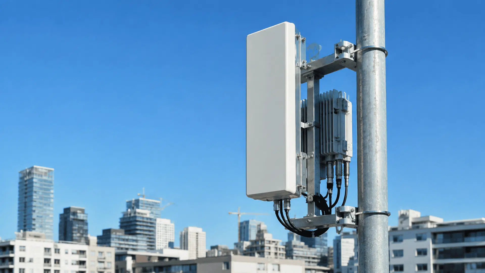 millimeter wave antenna mounted on metal pole with radio unit cables and city buildings under a clear blue sky