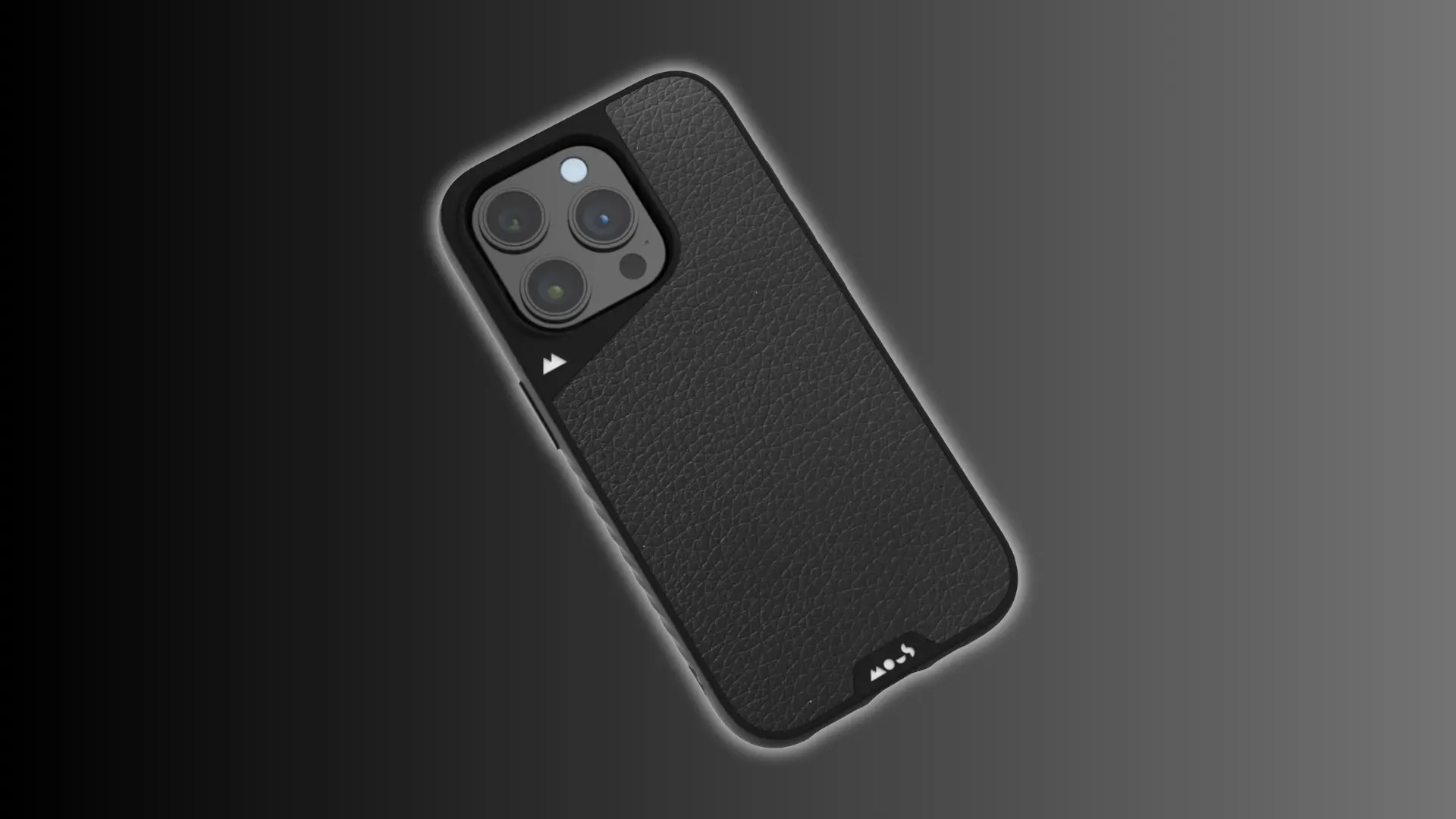 Black leather iPhone case on dark background