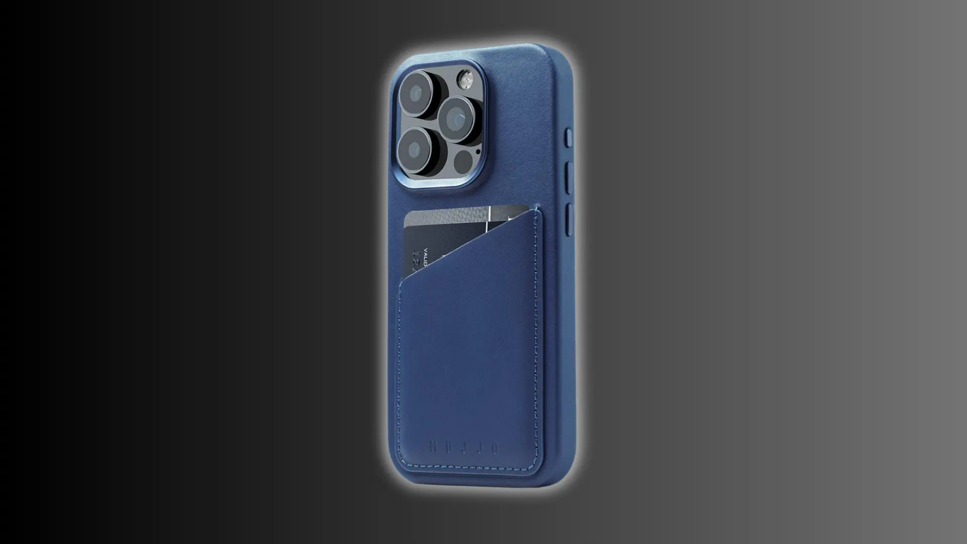 Blue iPhone 15 Pro wallet case with card slot on back