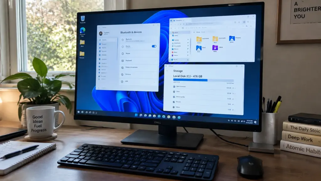 computer screen showing operating system settings, files, and storage management on a desktop