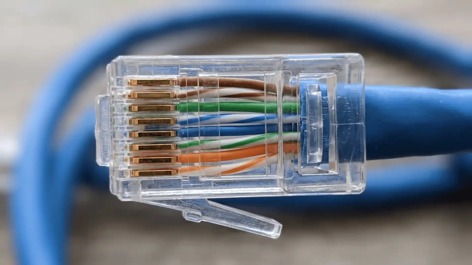 Eight Ethernet wires run in separate RJ45 channels from white-orange through solid brown