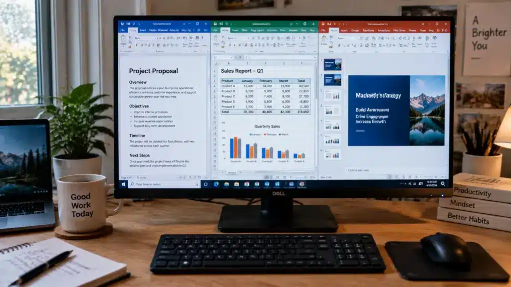computer screen showing document, spreadsheet, and presentation software used for productivity tasks
