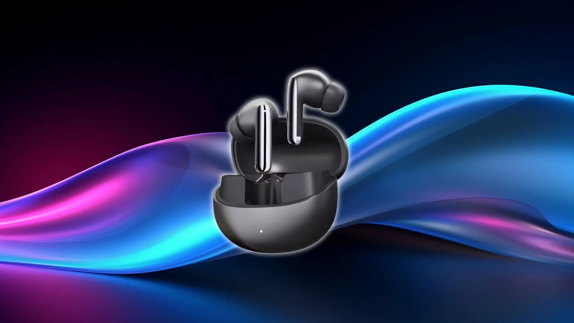 Black wireless earbuds in an open charging case with a wavy blue and purple background.