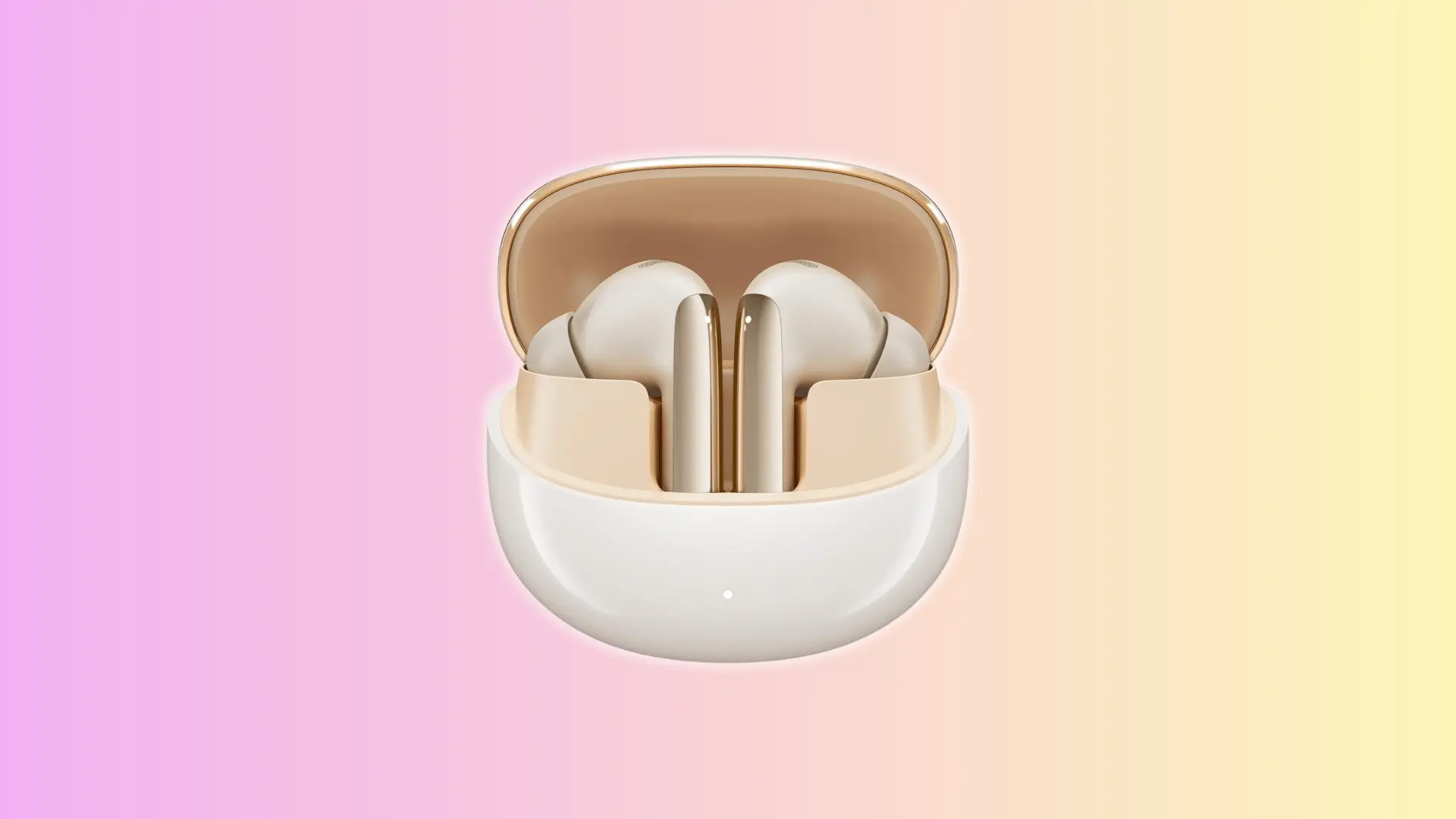 Wireless earbuds in an open charging case on a plain gradient background, showing both earbuds inside.
