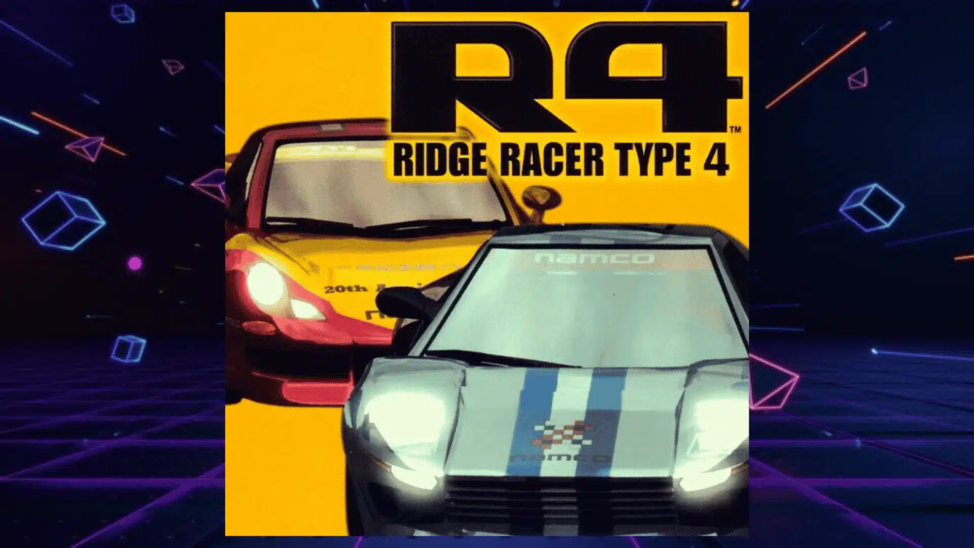 ridge racer type four box art with vibrant red and white sports cars racing on bold yellow namco background