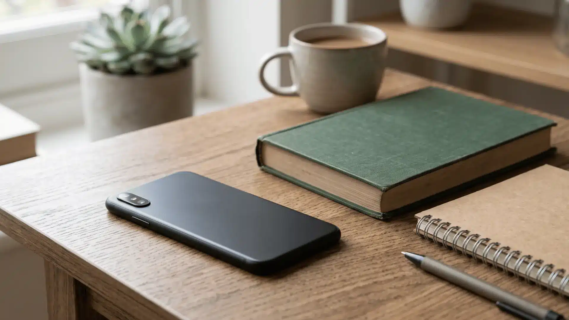 Smartphone resting face down beside a closed book and notebook in a quiet home setting.