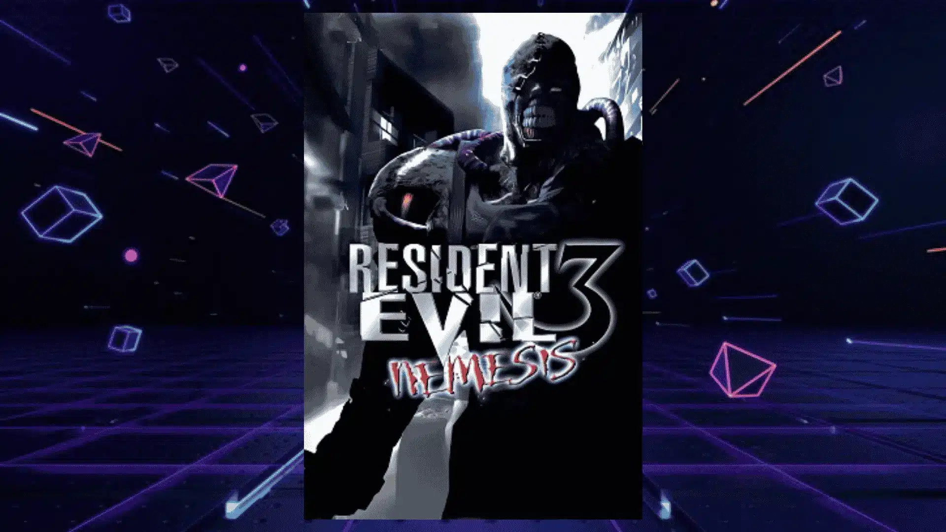 resident evil three nemesis box art with monstrous nemesis creature in dramatic black and white tones