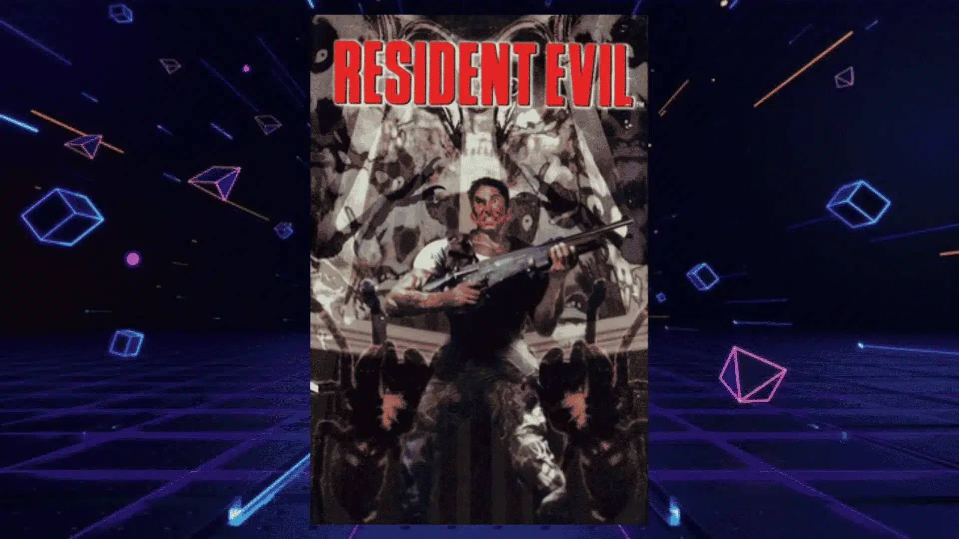 resident evil ps1 box art with lone survivor aiming shotgun inside eerie dark gothic mansion dining hall