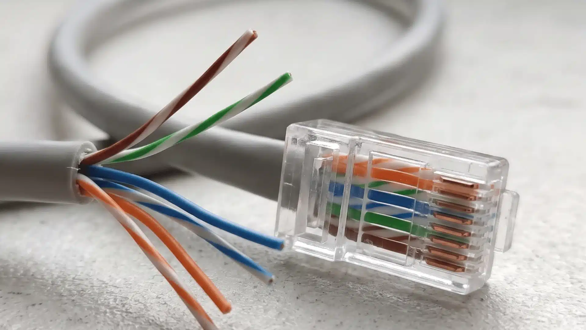 Transparent RJ45 connector with eight colored Ethernet wires aligned inside