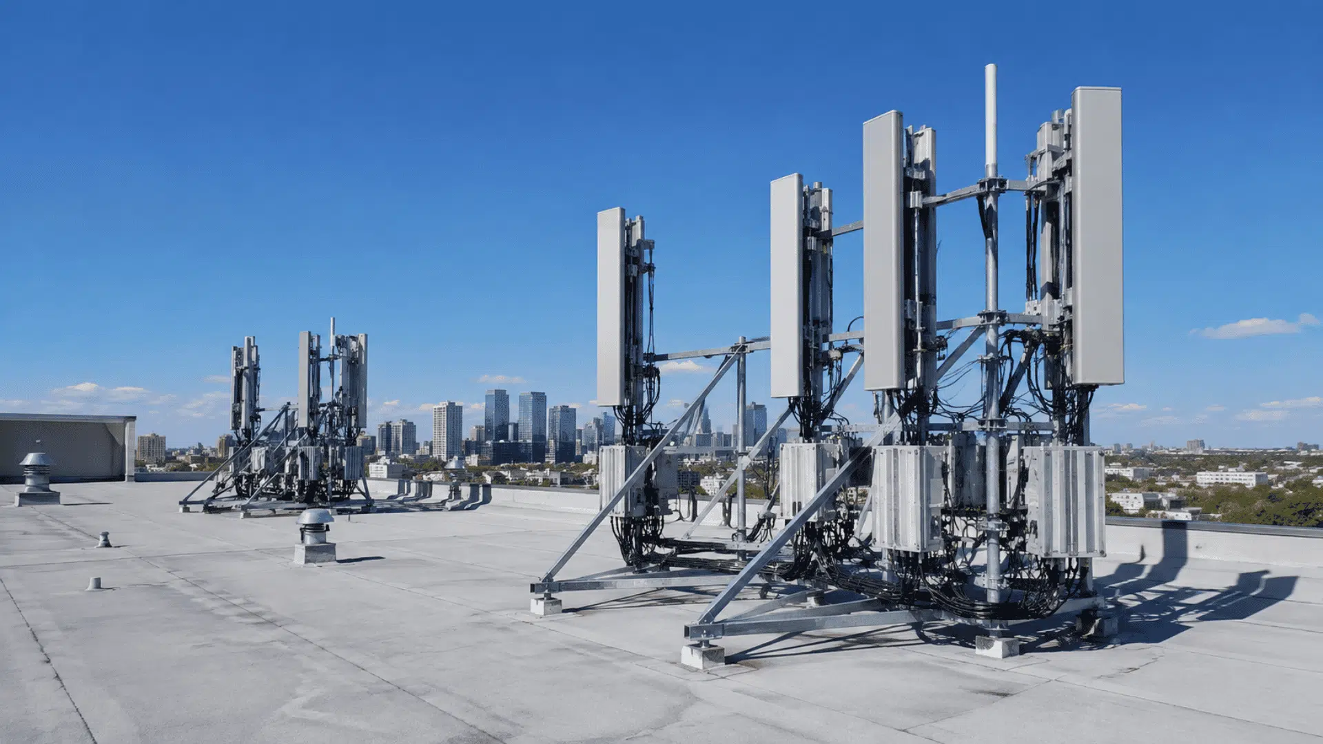 rooftop 5g antennas with panel units cables and radio boxes above a city skyline under a clear blue sky view
