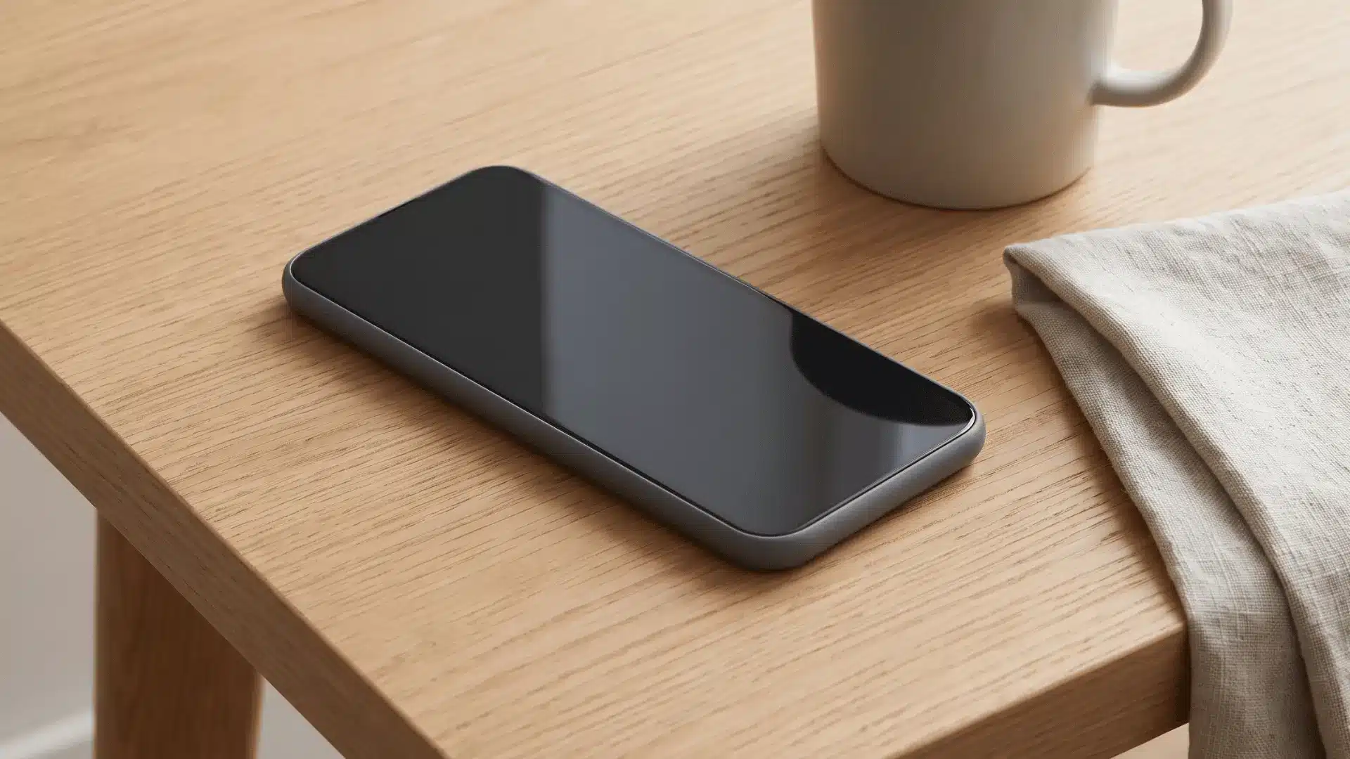 Smartphone with a dark screen resting undisturbed on a clear table.