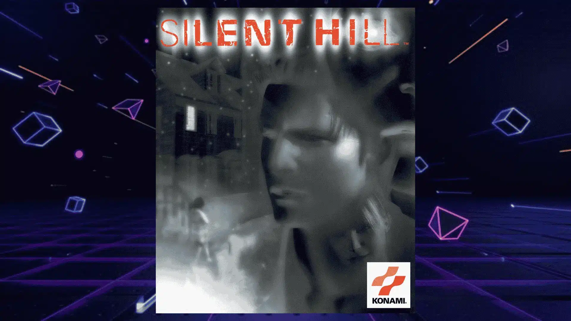 silent hill ps1 box art with blurred male face overlaying foggy street and distant female figure