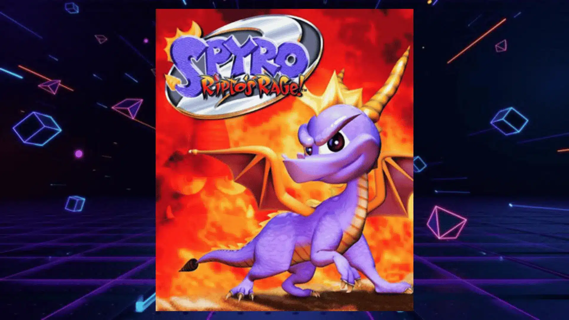 spyro riptos rage ps1 box art with small purple dragon posing confidently against fiery orange background