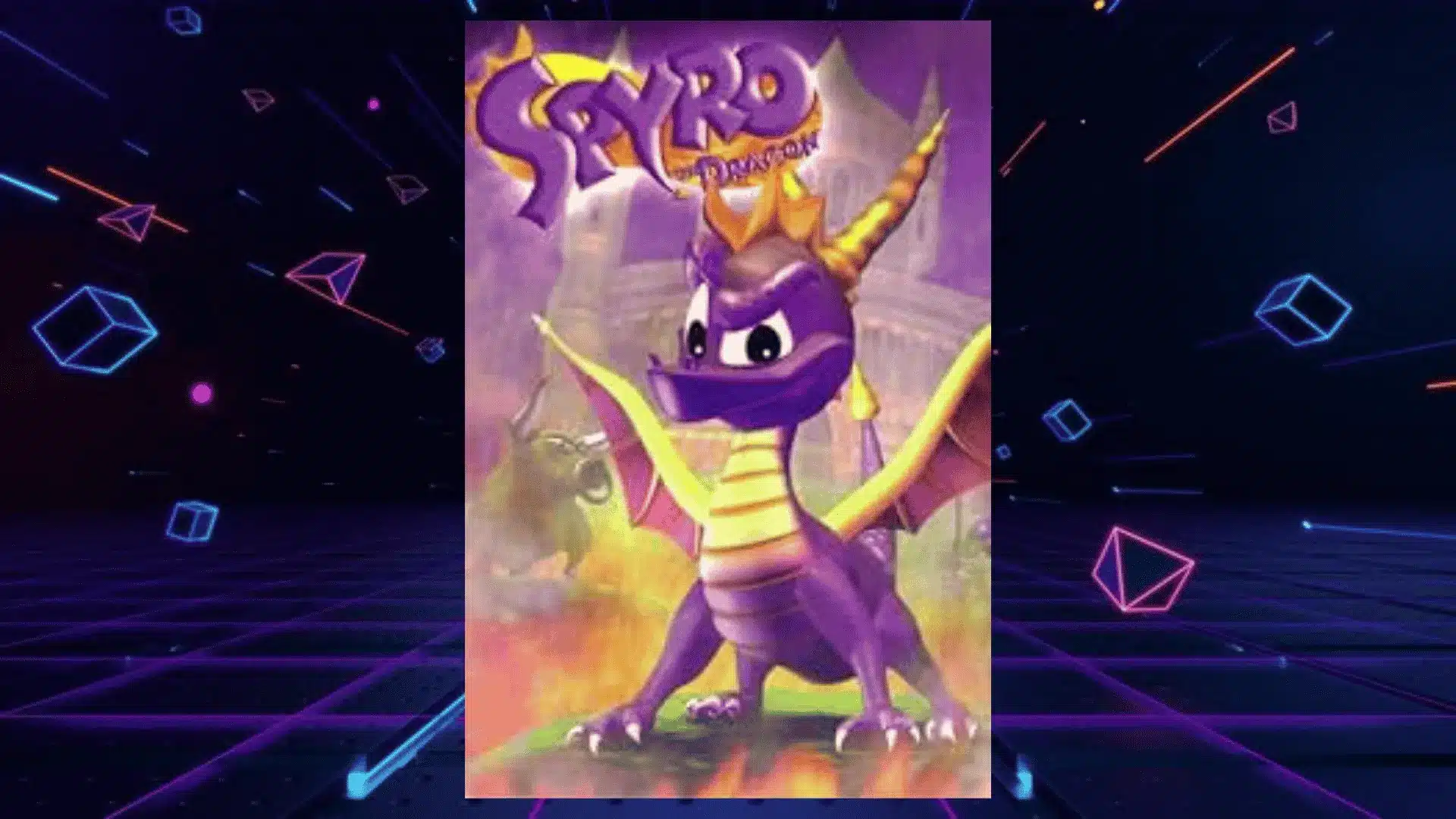 spyro the dragon ps1 box art with purple dragon standing confidently before hazy castle background
