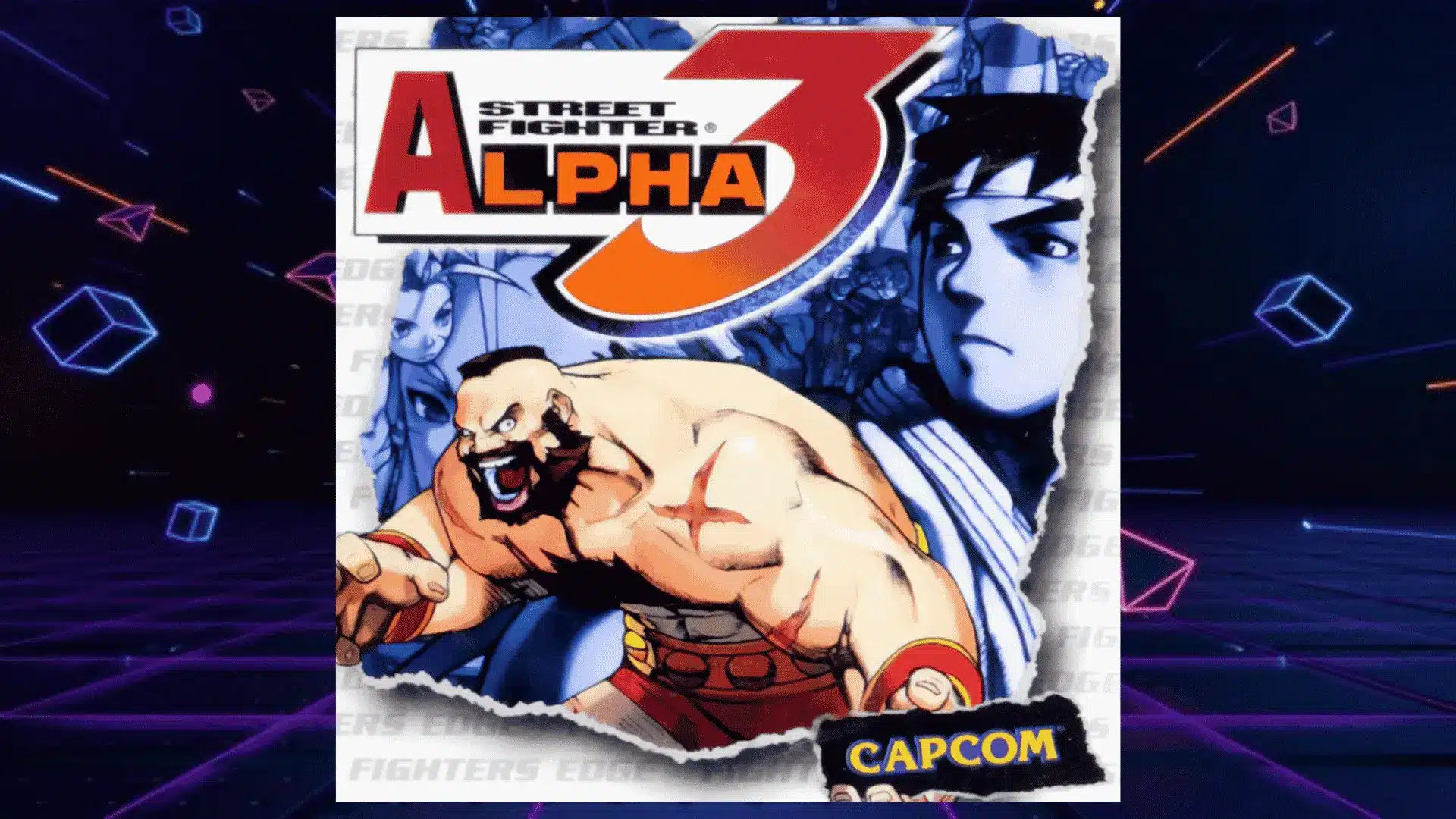 street fighter alpha three box art with torn poster showing zangief ryu and other colorful capcom fighters
