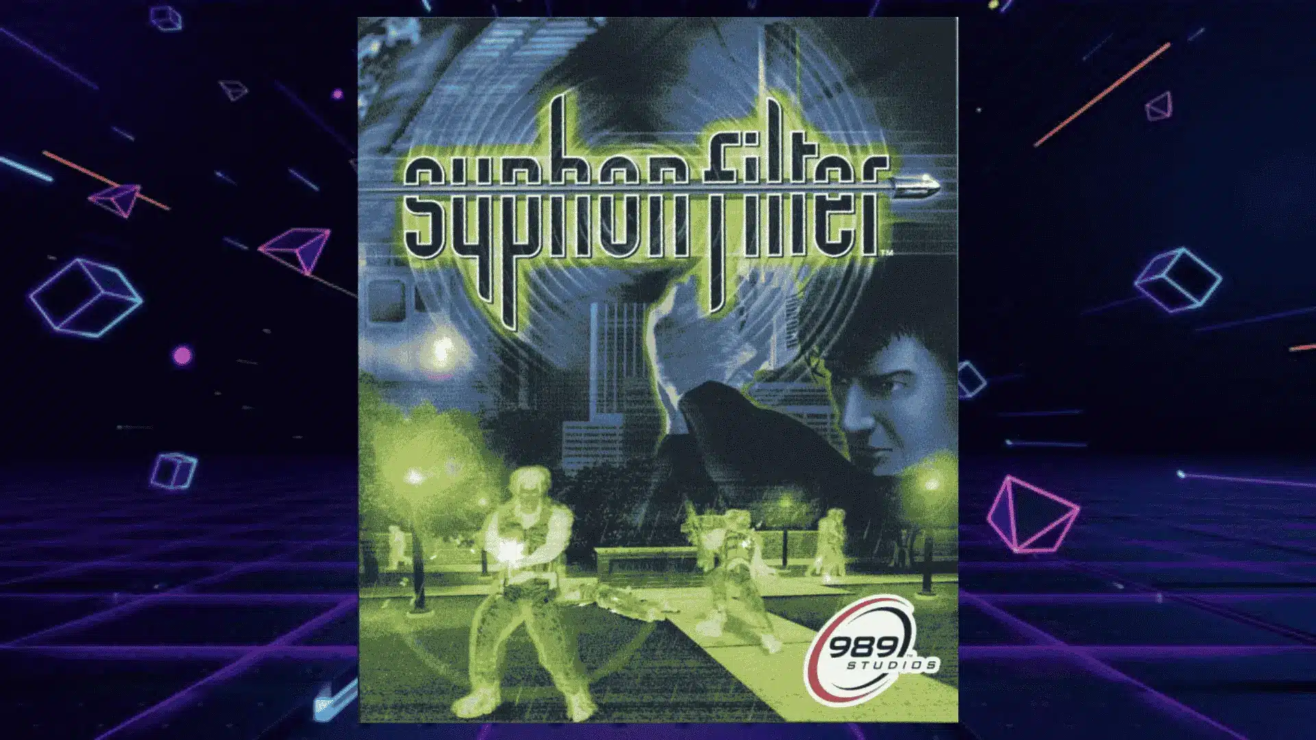syphon filter ps1 box art with green tinted cityscape armed agents and shadowy male character at night