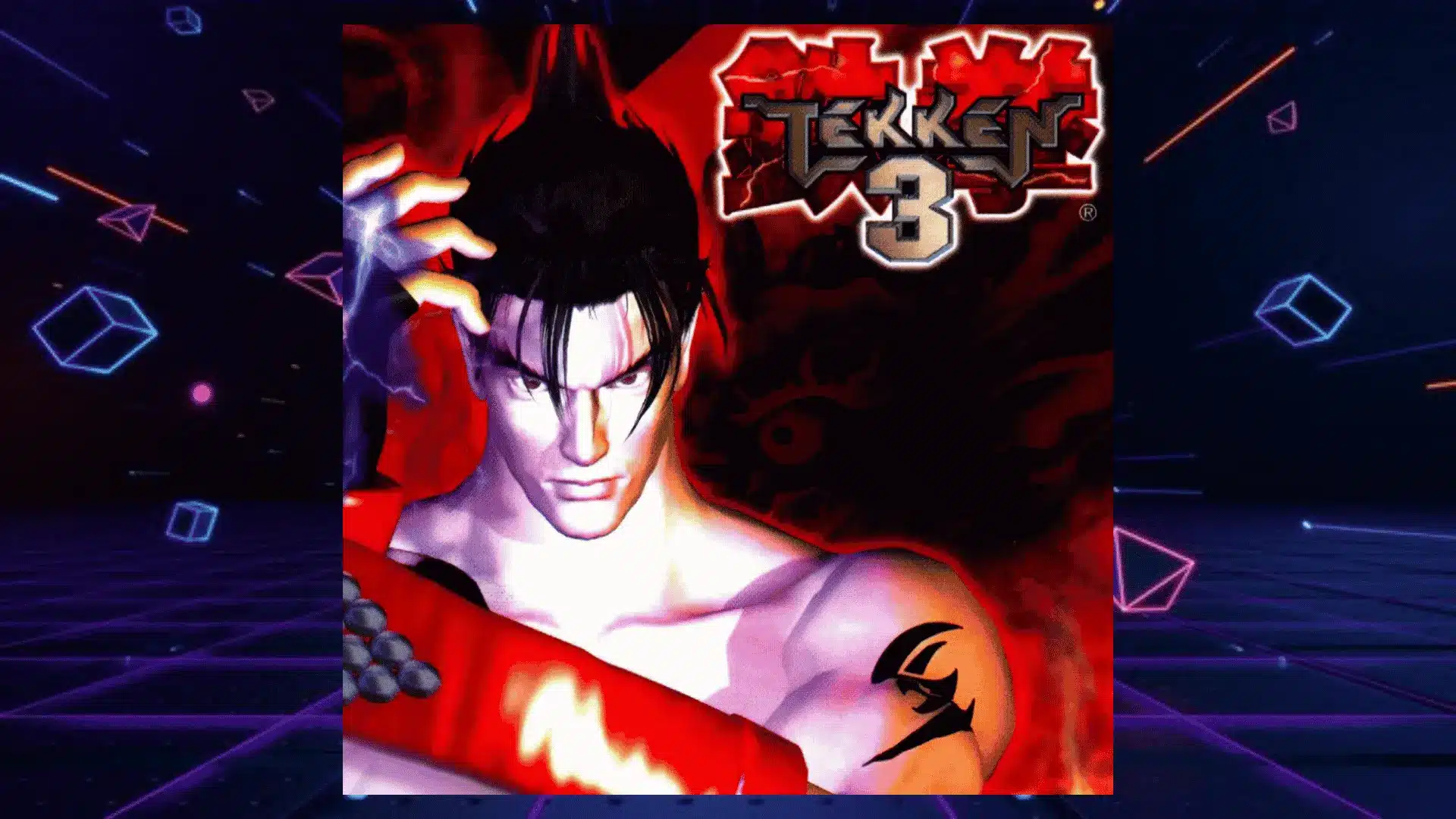 tekken three box art with jin kazama posing intensely against dramatic red lightning background