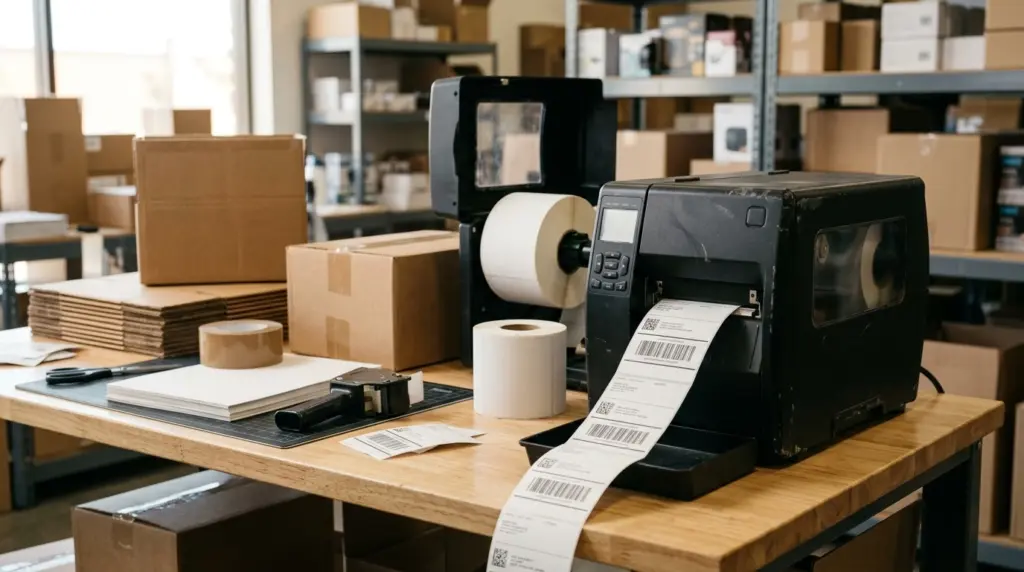 thermal printer creating barcode labels on a packing desk in a warehouse workspace