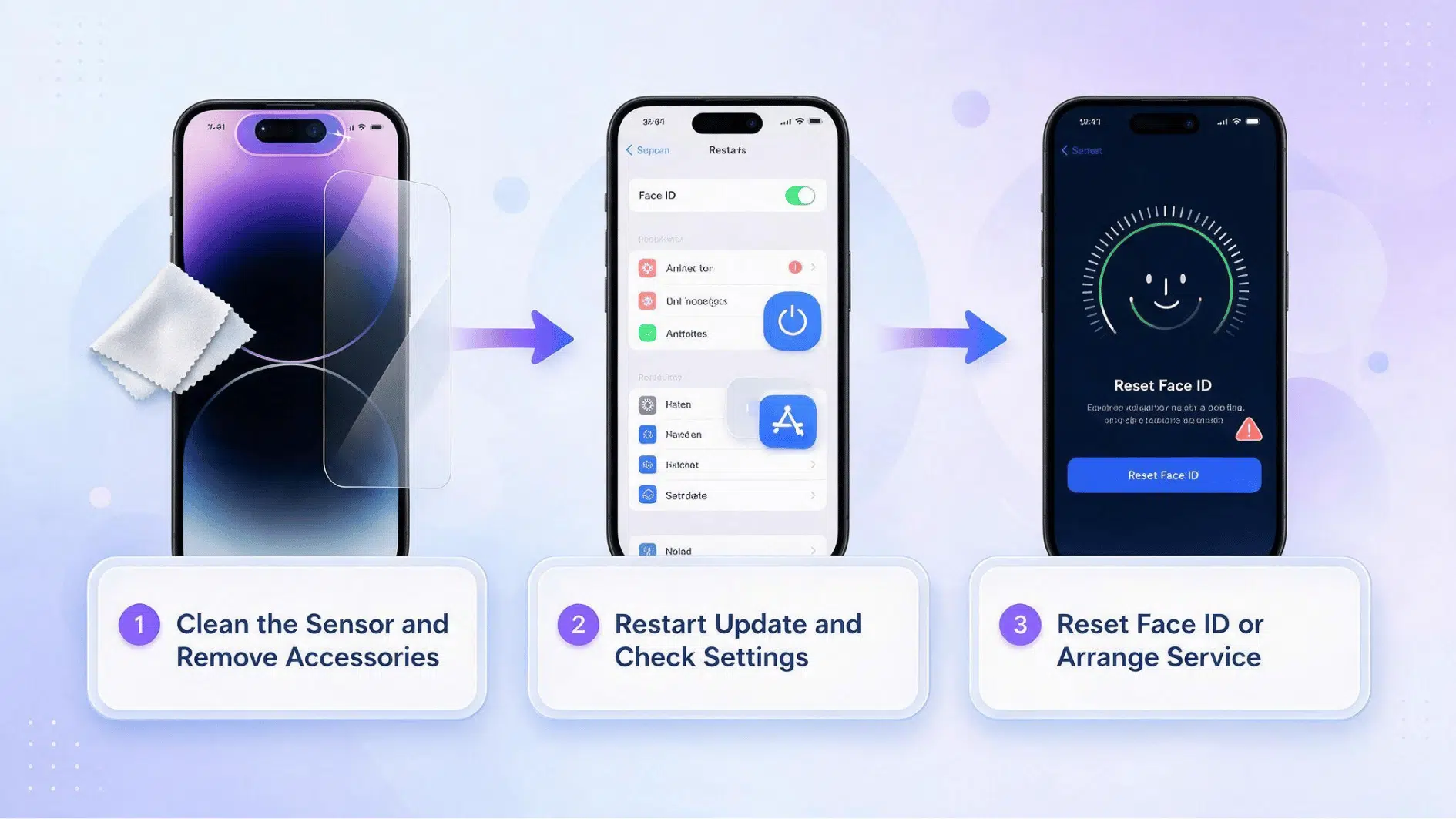 three iphone screens showing sensor cleaning settings check and face id reset on a soft blue pastel background