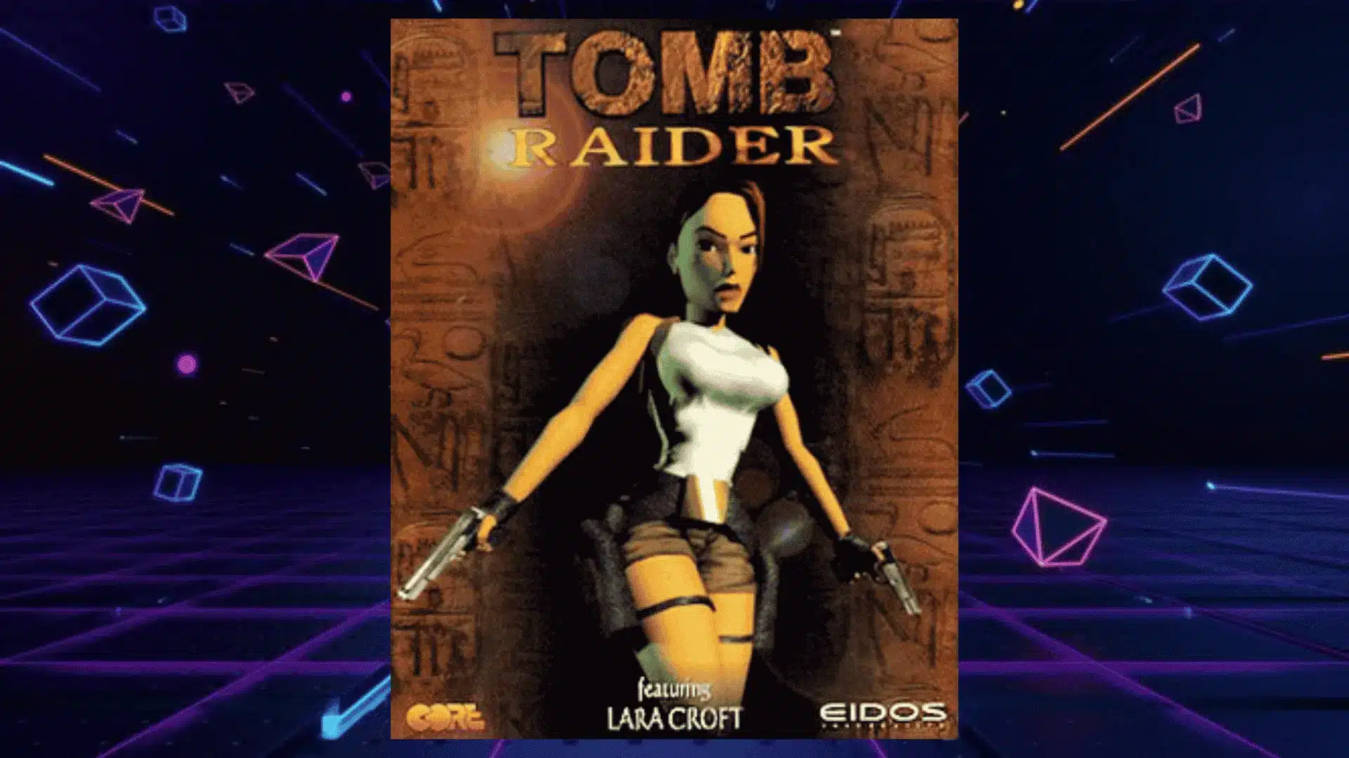 tomb raider ps1 box art with lara croft holding dual pistols against ancient egyptian hieroglyph carvings