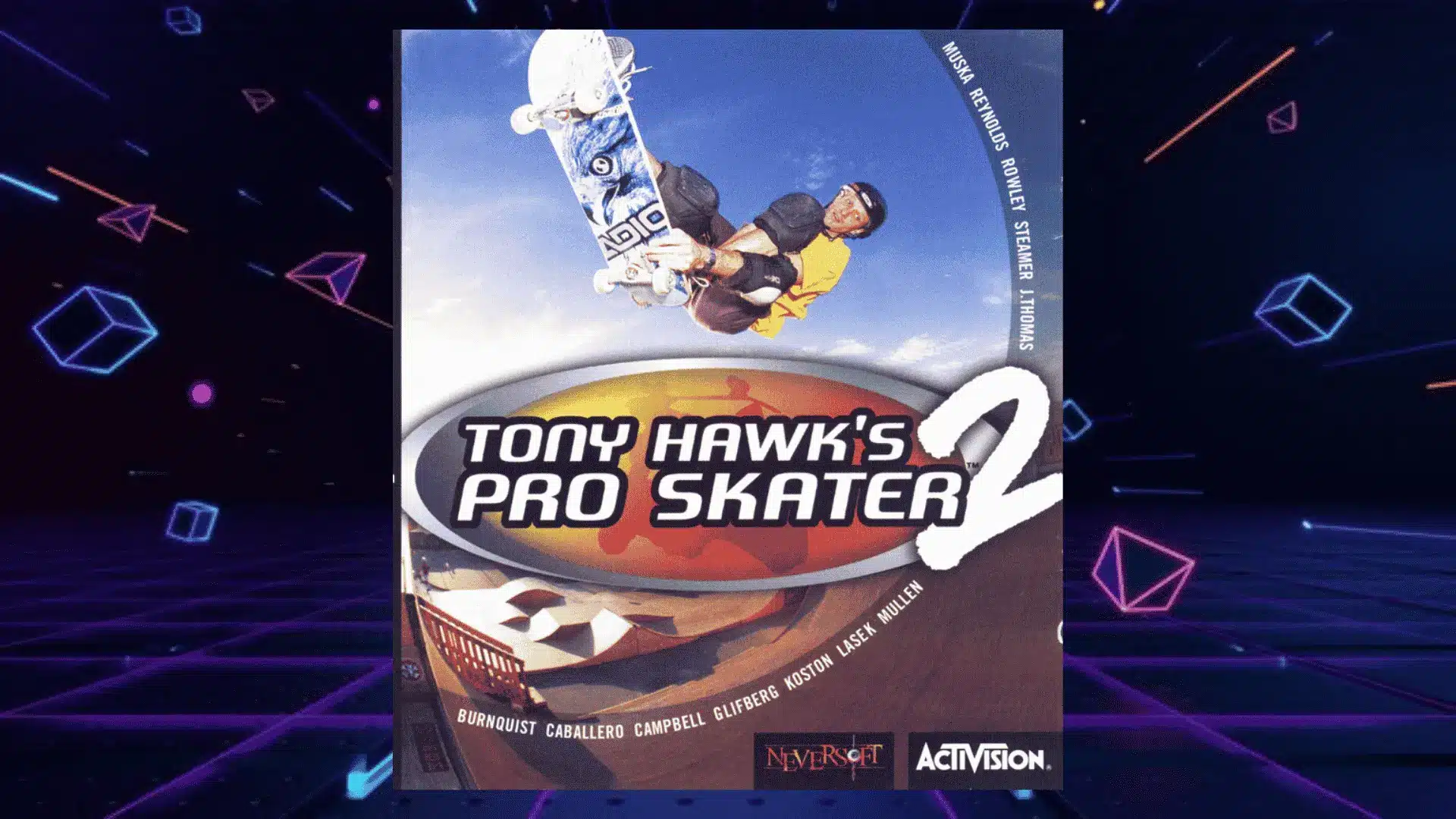 tony hawks pro skater two box art with skater performing aerial trick above empty skate park ramps
