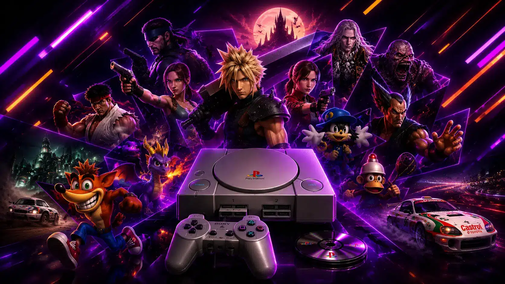 PS1 characters collage with cloud strife solid snake lara croft crash bandicoot and console controller