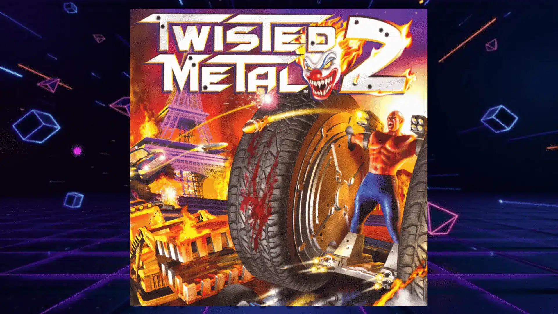 twisted metal two ps1 box art with sweet tooth clown flames eiffel tower and giant tire crushing fighter