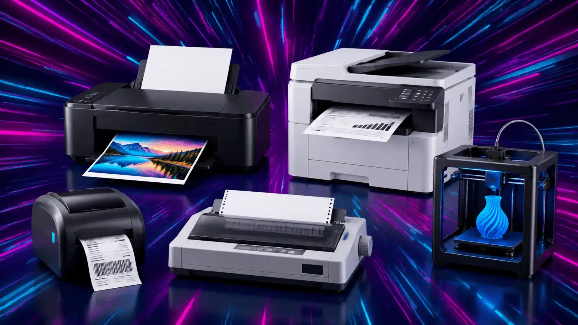 different types of printers including inkjet laser thermal dot matrix and 3d models together