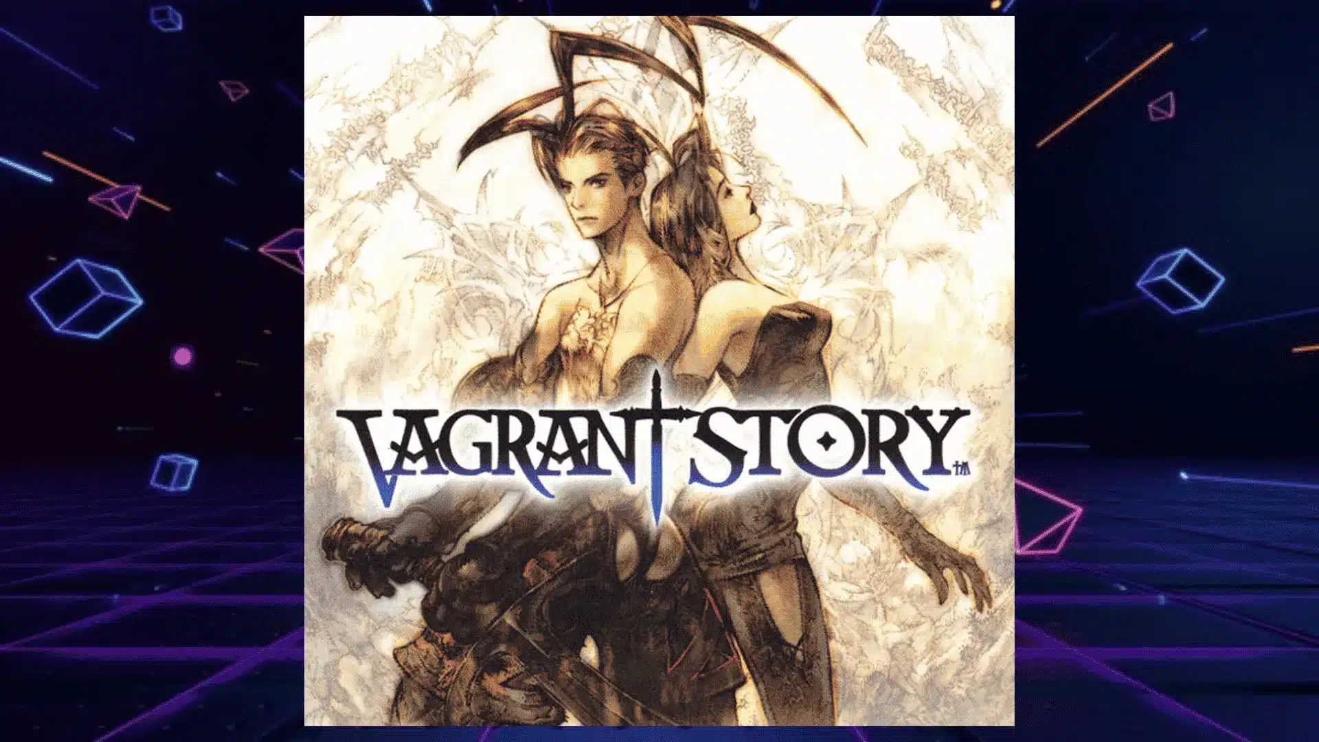 vagrant story ps1 box art with sepia toned sketch illustration of two warriors standing back to back