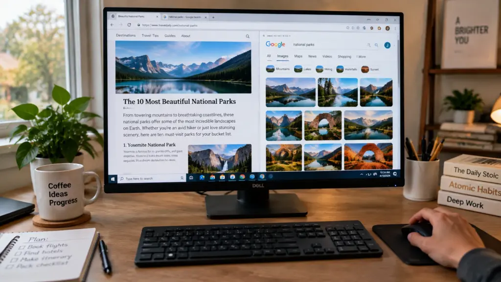 computer monitor displaying browser windows with webpages, search results, and online information