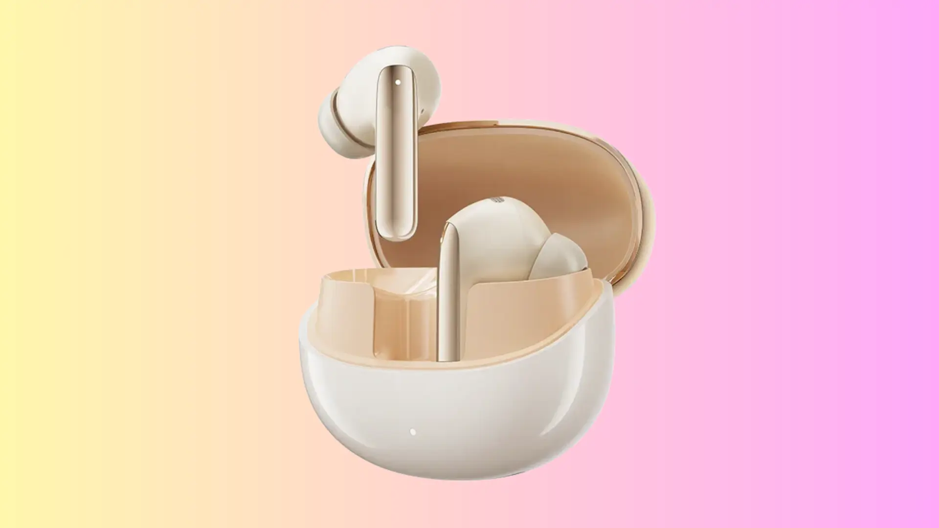 QCY MeloBuds Pro earbuds with charging case on a soft gradient background