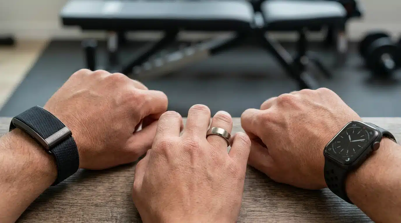 WHOOP band smart ring and apple watch shown on wrists to compare wearable form factors in a gym setting