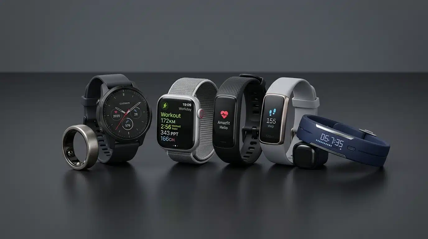 Whoop alternatives including smart rings fitness bands and smartwatches displayed on a dark studio table