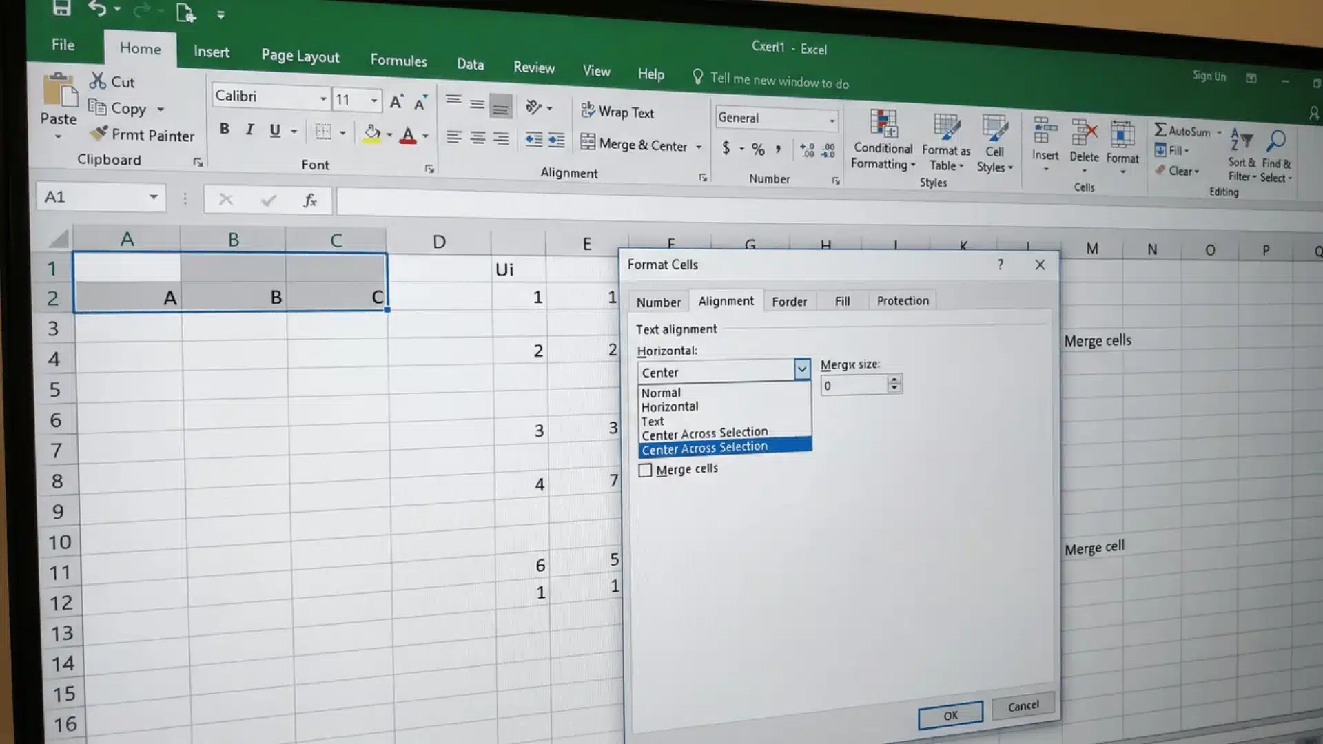 Excel Format Cells dialog showing alignment settings with Center Across Selection option enabled