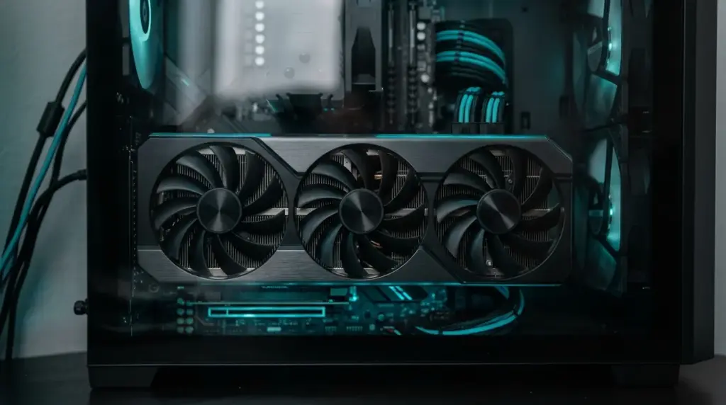 graphics card with three cooling fans installed inside a desktop pc case showing GPU hardware setup