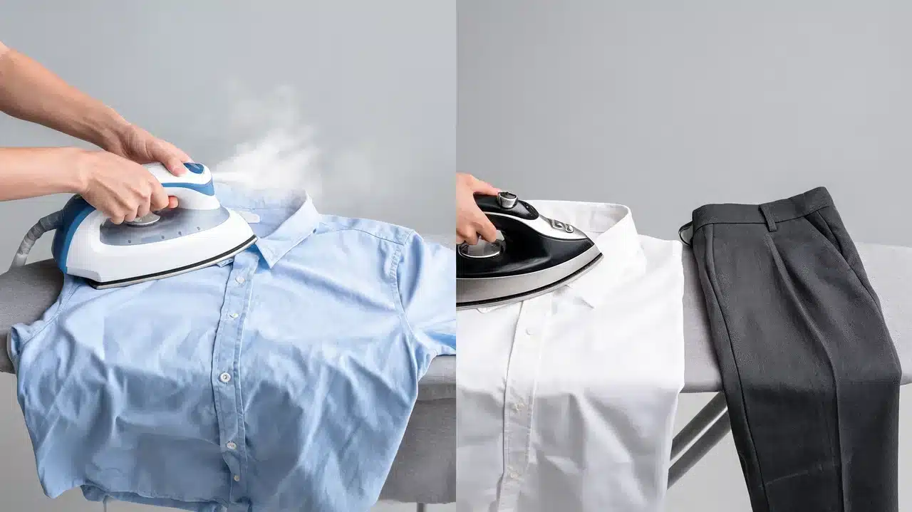 split image showing garment iron steaming blue shirt and pressing white shirt with dark trousers on board